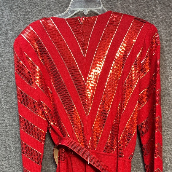 St. John by Marie Gray Red Sequin Long Sleeve Sweater Dress - Picture 4 of 8